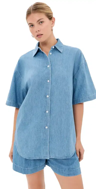 Another Tomorrow Chambray Short Sleeve Shirt Light Blue Wash L | Thumbnail 1