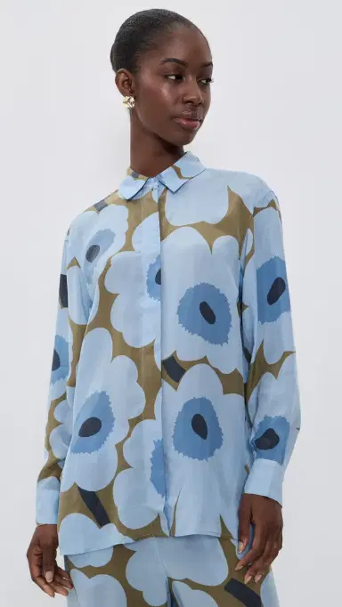 Marimekko Jarki Unikko Button Down Shirt Light Blue/Olive Green | Thumbnail 2 Marimekko Jarki Unikko Button Down Shirt Light Blue/Olive Green | Thumbnail 2