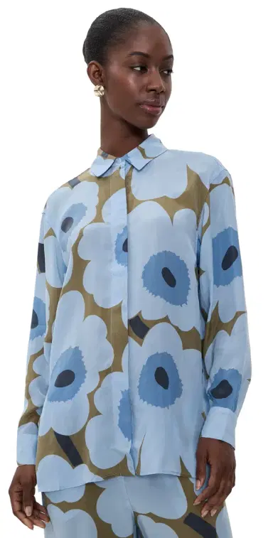 Marimekko Jarki Unikko Button Down Shirt Light Blue/Olive Green | Thumbnail 1 Marimekko Jarki Unikko Button Down Shirt Light Blue/Olive Green | Thumbnail 1