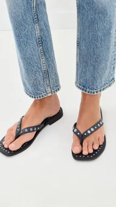 Free People Tide Flip Flops Black Leather 7 | Thumbnail 3
