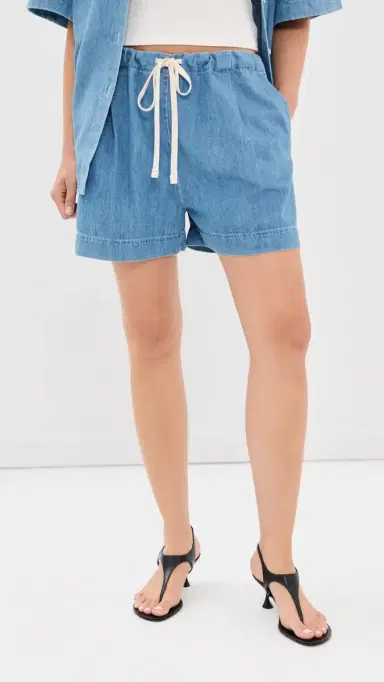 Another Tomorrow Chambray Drawstring Shorts Light Blue Wash L | Thumbnail 2