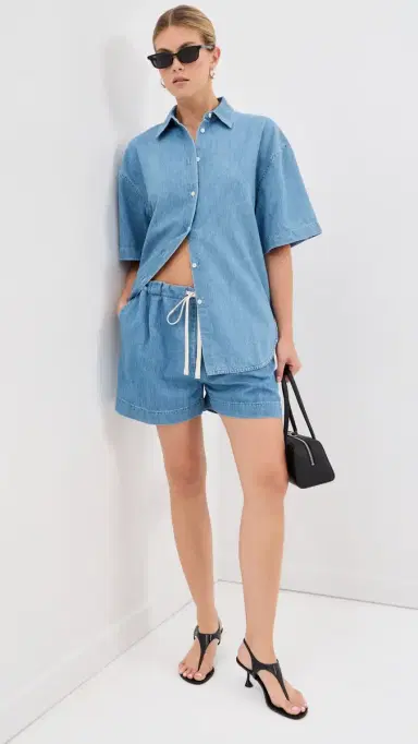 Another Tomorrow Chambray Drawstring Shorts Light Blue Wash L | Thumbnail 5