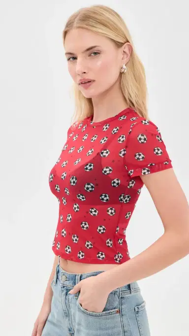 Alice + Olivia Tess Crew Baby Tee Go For Gold Hibiscus S | Thumbnail 4