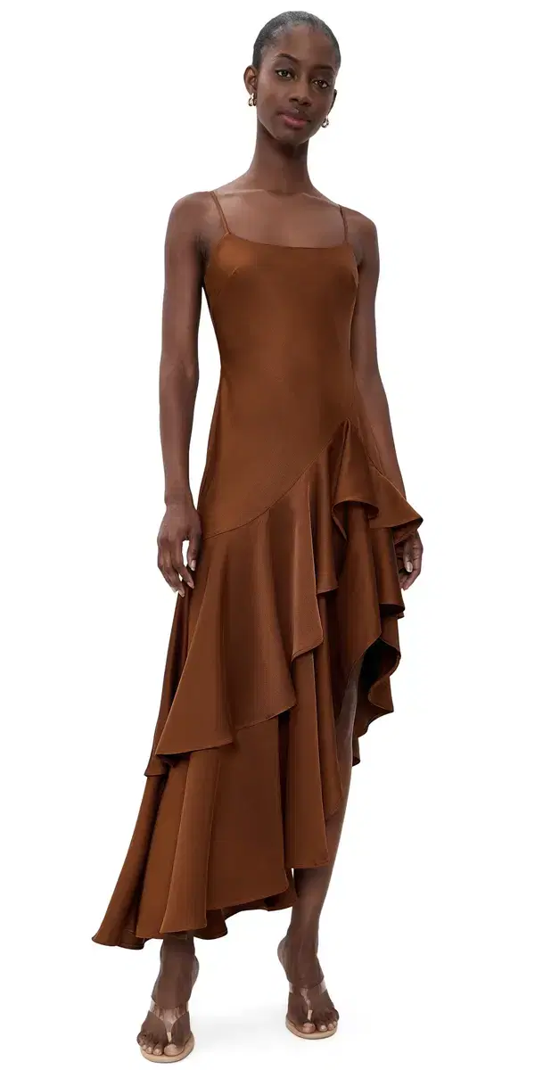 susana monaco Satin Double Ruffle High Low Dress Toast