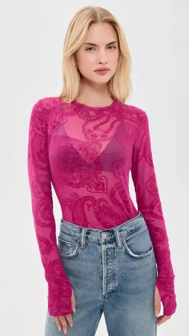 AFRM Kaylee Flocked Mesh Shirt Fuchsia Paisley M | Thumbnail 2