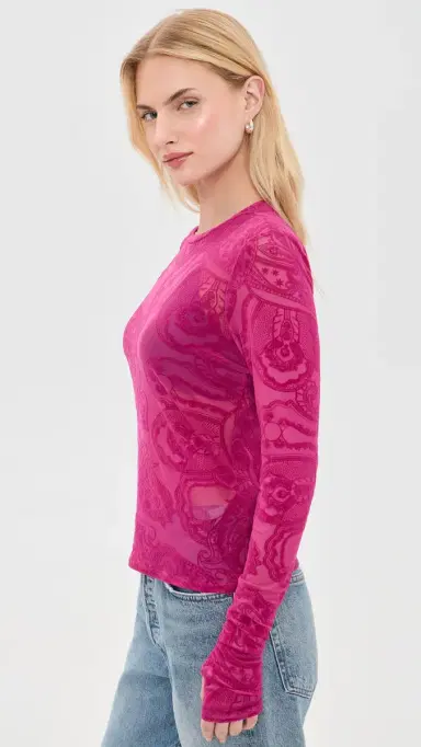 AFRM Kaylee Flocked Mesh Shirt Fuchsia Paisley M | Thumbnail 3