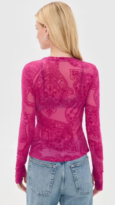 AFRM Kaylee Flocked Mesh Shirt Fuchsia Paisley M | Thumbnail 4