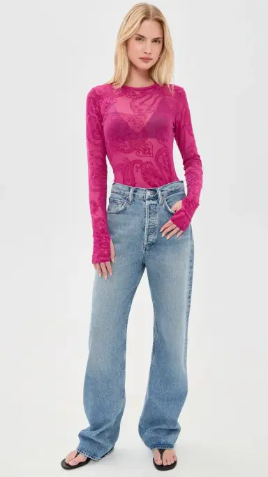 AFRM Kaylee Flocked Mesh Shirt Fuchsia Paisley M | Thumbnail 5