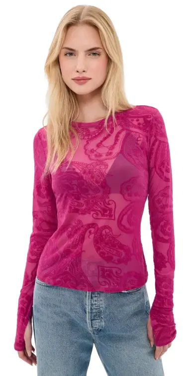 AFRM Kaylee Flocked Mesh Shirt Fuchsia Paisley M | Thumbnail 1