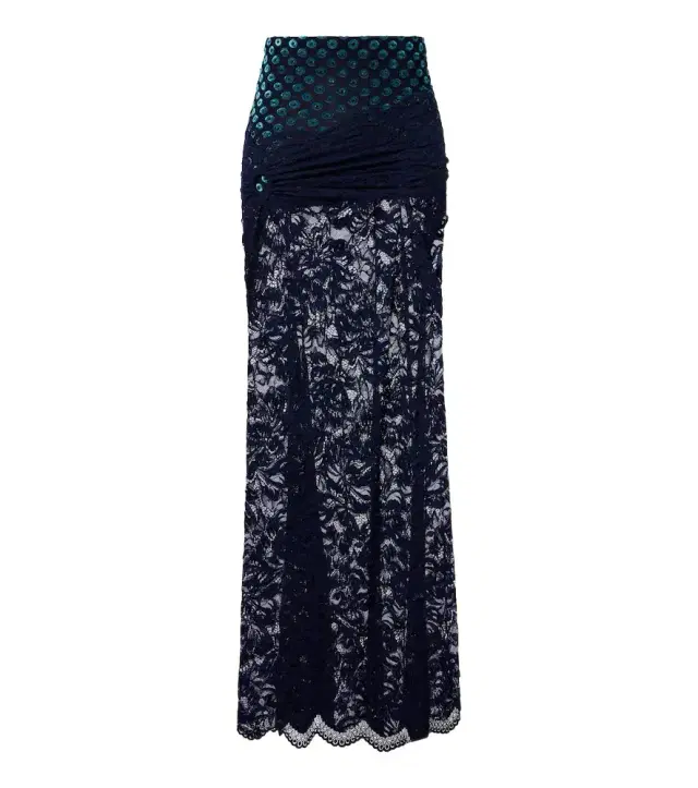 Gathered lace and velvet maxi skirt