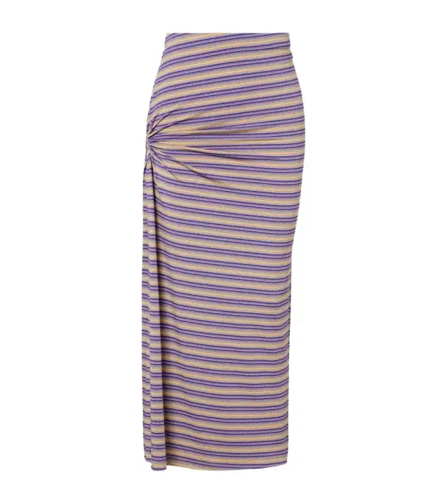 Cutout gathered striped crêpe midi skirt