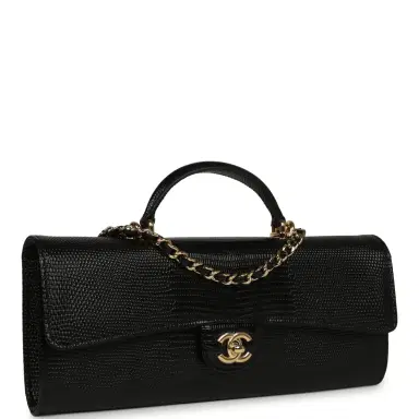 Chanel Chanel Long Top Handle Clutch with Chain Black Lizard Embossed Calfskin Gold Hardware | Thumbnail 2
