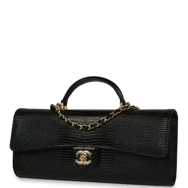 Chanel Chanel Long Top Handle Clutch with Chain Black Lizard Embossed Calfskin Gold Hardware | Thumbnail 6