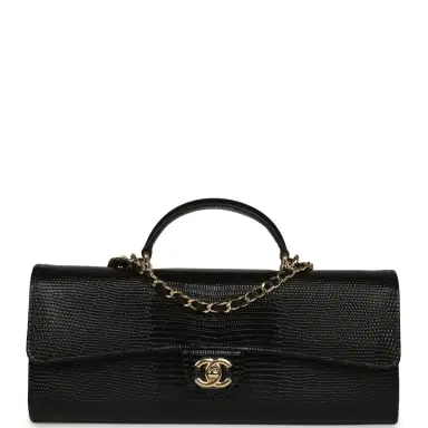 Chanel Chanel Long Top Handle Clutch with Chain Black Lizard Embossed Calfskin Gold Hardware | Thumbnail 1