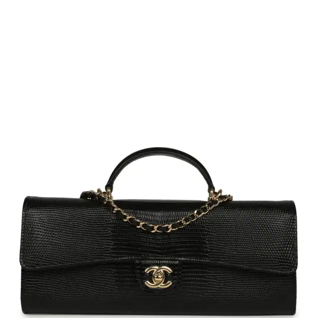 Chanel Chanel Long Top Handle Clutch with Chain Black Lizard Embossed Calfskin Gold Hardware