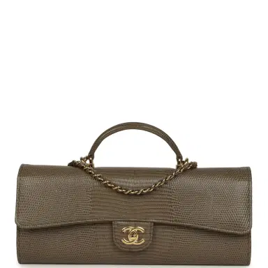 Chanel Chanel Long Top Handle Clutch with Chain Dark Khaki Lizard Embossed Calfskin Gold Hardware | Thumbnail 1 Chanel Chanel Long Top Handle Clutch with Chain Dark Khaki Lizard Embossed Calfskin Gold Hardware | Thumbnail 1