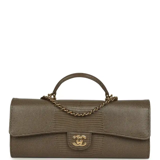 Chanel Chanel Long Top Handle Clutch with Chain Dark Khaki Lizard Embossed Calfskin Gold Hardware