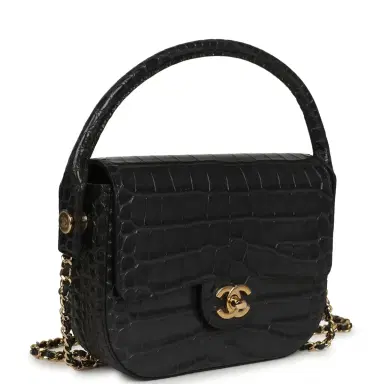 Chanel Chanel Mini Top Handle "Turn Around" Flap Dark Grey Croc Embossed Calfskin Gold Hardware | Thumbnail 2