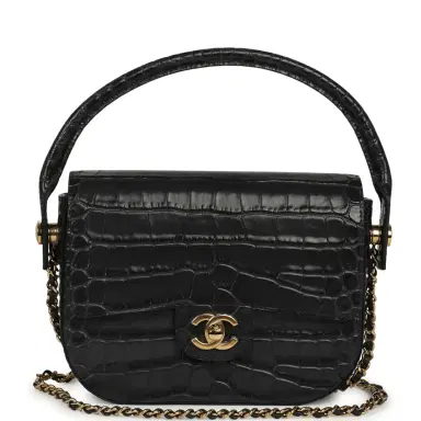Chanel Chanel Mini Top Handle "Turn Around" Flap Dark Grey Croc Embossed Calfskin Gold Hardware | Thumbnail 1