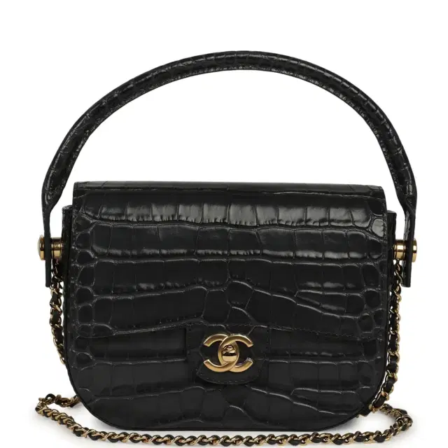 Chanel Mini Top Handle "Turn Around" Flap Dark Grey Croc Embossed Calfskin Gold Hardware