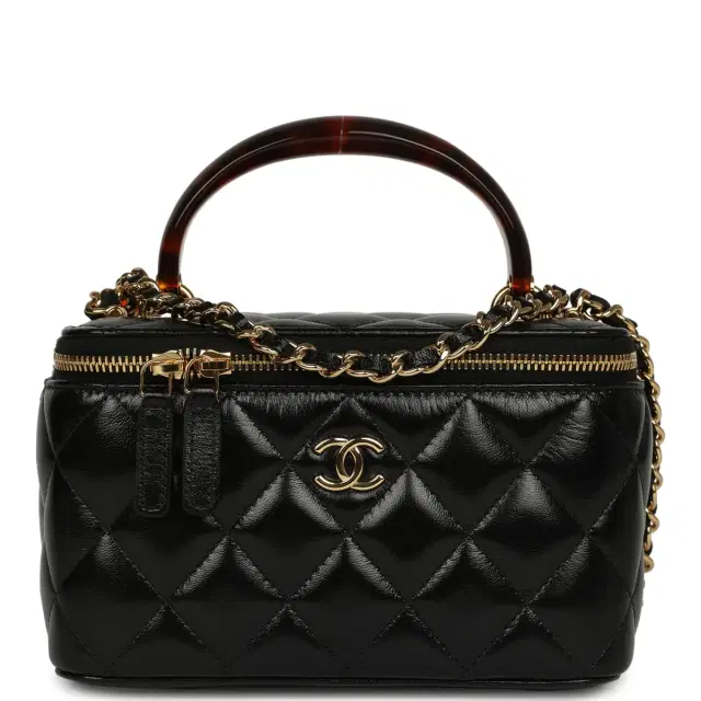 Chanel Chanel Small Tortoiseshell Top Handle Vanity Case Black Shiny Lambskin Gold Hardware