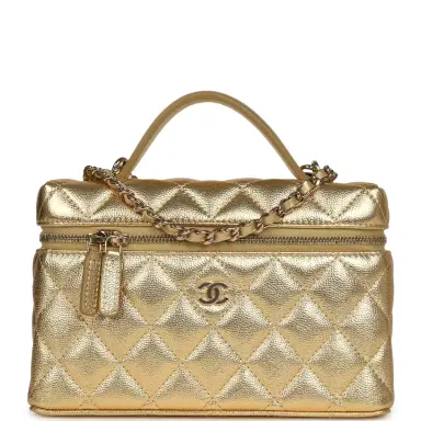 Chanel Chanel Top Handle Long Vanity Case with Chain Gold Metallic Caviar Light Gold Hardware | Thumbnail 1 Chanel Chanel Top Handle Long Vanity Case with Chain Gold Metallic Caviar Light Gold Hardware | Thumbnail 1