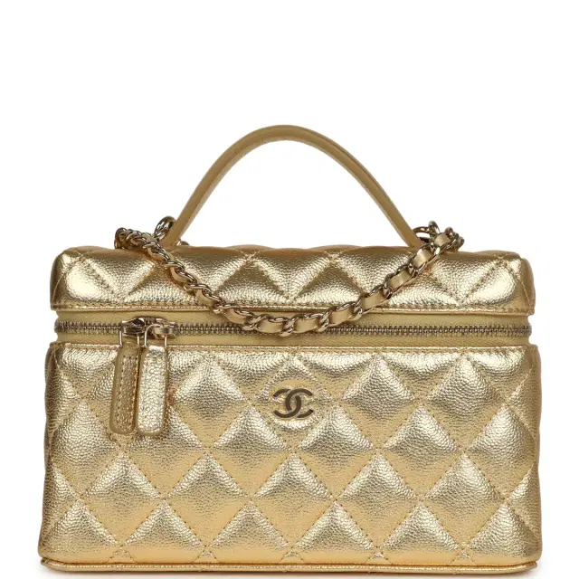 Chanel Chanel Top Handle Long Vanity Case with Chain Gold Metallic Caviar Light Gold Hardware