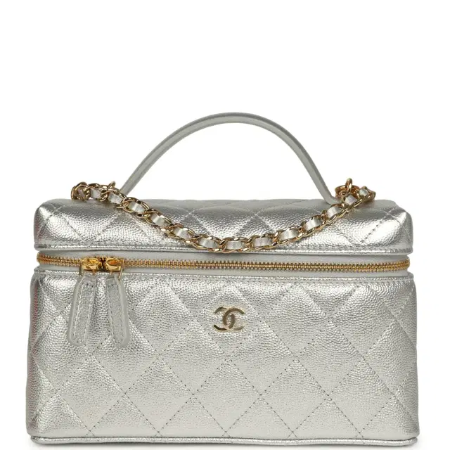 Chanel Chanel Top Handle Long Vanity Case with Chain Silver Metallic Caviar Gold Hardware