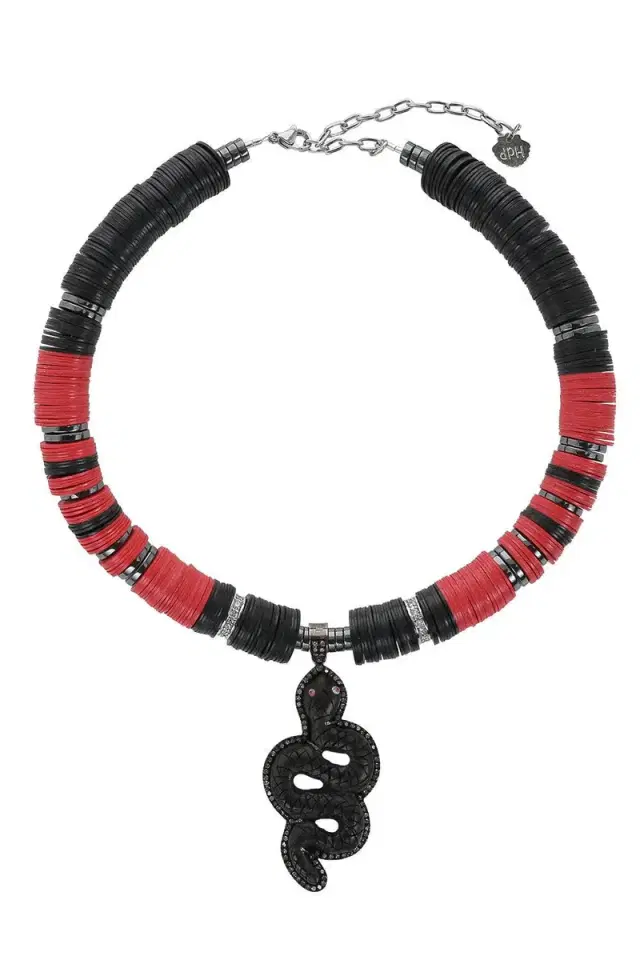 HIJAS DE PUKA Black Red Beaded Snake Necklace