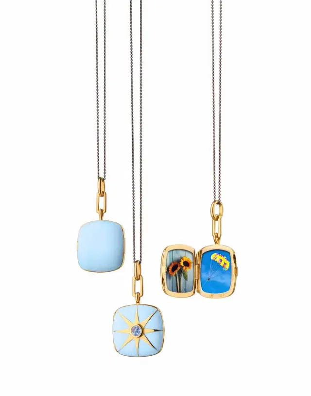 MONICA RICH KOSANN Blue Enamel Vermeil Cushion Locket with Blue Sapphire