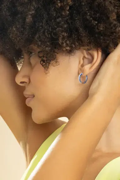 GRAZIELA Blue Sapphire Diamond Sided Hoop Earrings | Thumbnail 3