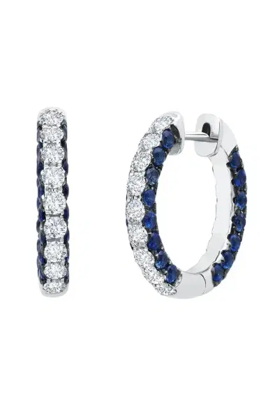 GRAZIELA Blue Sapphire Diamond Sided Hoop Earrings | Thumbnail 1