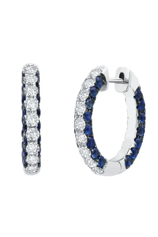 GRAZIELA Blue Sapphire Diamond Sided Hoop Earrings