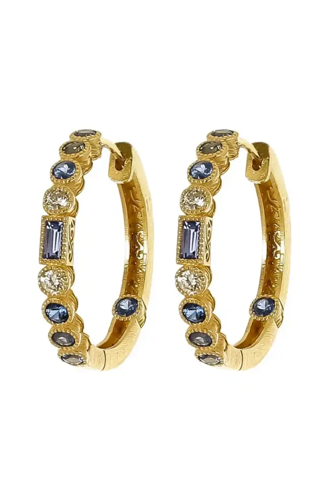 TANYA FARAH Blue Sapphire Modern Etruscan Bezel Hoop Earrings