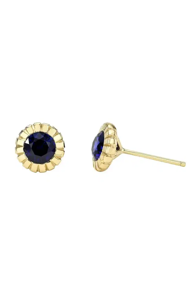 RETROUVAI Blue Sapphire Round Bezel Heirloom Stud Earrings