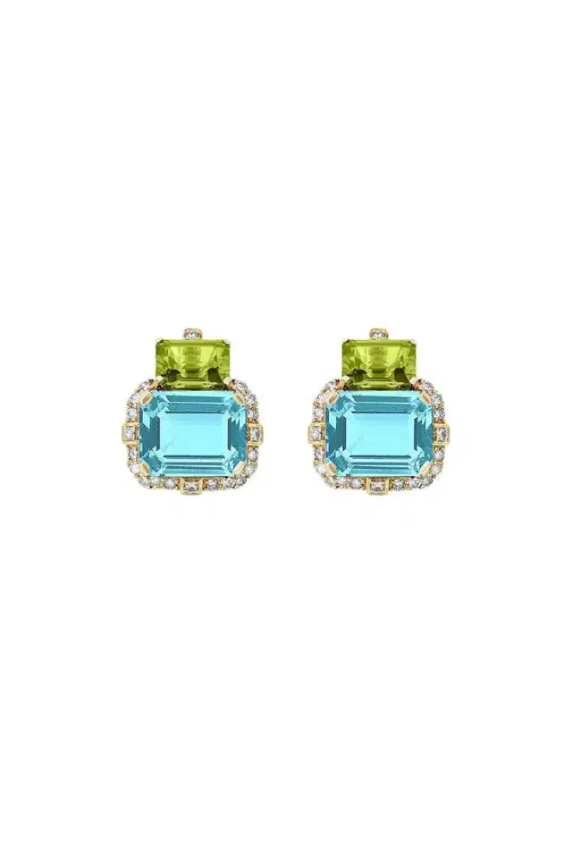 GOSHWARA Blue topaz Peridot Two Drop Gossip Earrings