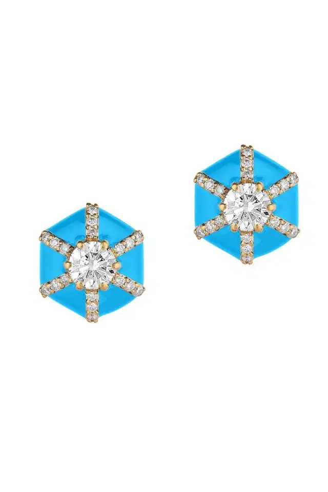GOSHWARA Diamond Blue Hexagon Queen Stud Earrings