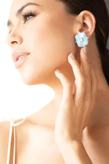 Bayco Diamond Large Light Blue Lotus Earrings | Thumbnail 3