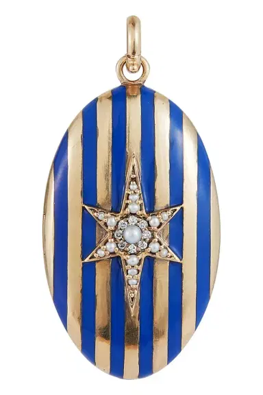 Storrow Diamond Pearl Blue Enamel Striped Lillian Locket | Thumbnail 1 Storrow Diamond Pearl Blue Enamel Striped Lillian Locket | Thumbnail 1