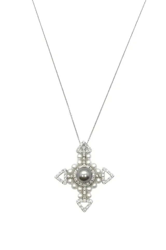 ANDREOLI Diamond Pearl Cross Necklace