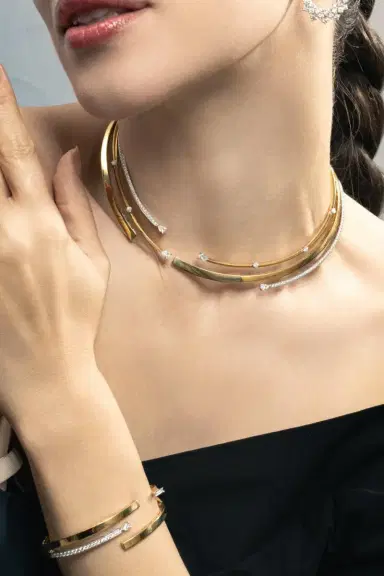 YEPREM Diamond Round Pear Golden Strada Statement Collar Necklace | Thumbnail 3 YEPREM Diamond Round Pear Golden Strada Statement Collar Necklace | Thumbnail 3