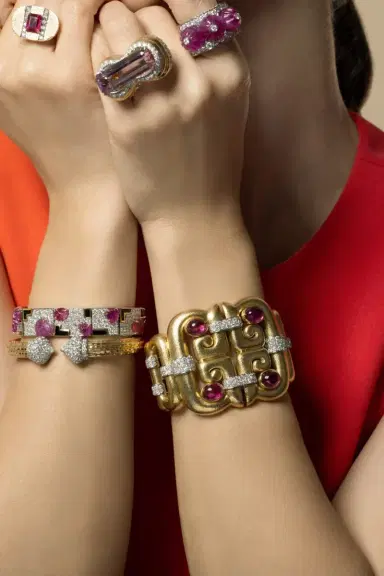 DAVID WEBB Diamond Rubellite Open Scroll Cuff Bracelet | Thumbnail 2 DAVID WEBB Diamond Rubellite Open Scroll Cuff Bracelet | Thumbnail 2