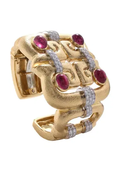 DAVID WEBB Diamond Rubellite Open Scroll Cuff Bracelet | Thumbnail 1 DAVID WEBB Diamond Rubellite Open Scroll Cuff Bracelet | Thumbnail 1