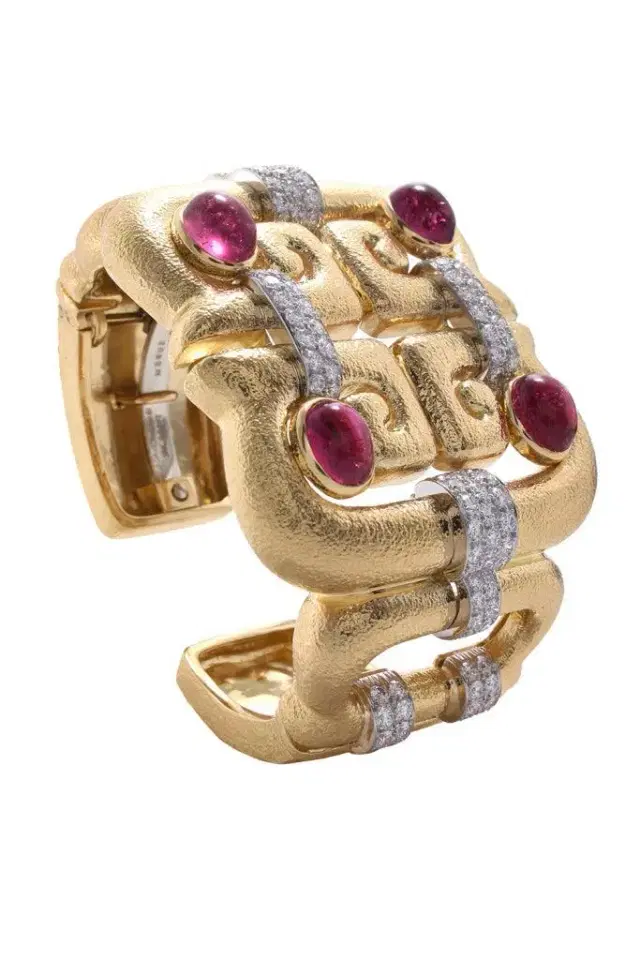 DAVID WEBB Diamond Rubellite Open Scroll Cuff Bracelet