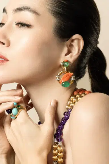 DAVID WEBB Emerald and Coral Leaf Earrings | Thumbnail 4 DAVID WEBB Emerald and Coral Leaf Earrings | Thumbnail 4