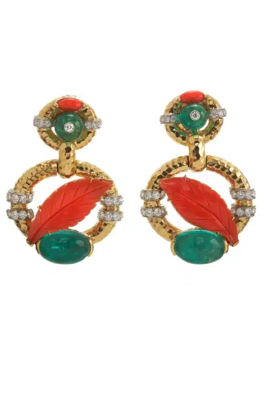 DAVID WEBB Emerald and Coral Leaf Earrings | Thumbnail 1 DAVID WEBB Emerald and Coral Leaf Earrings | Thumbnail 1