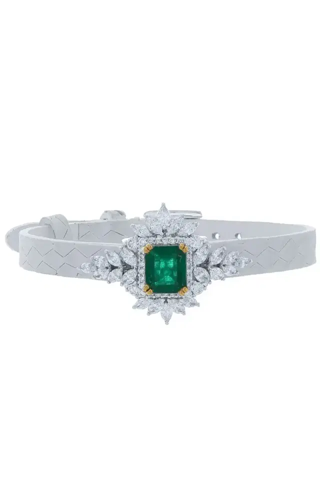 YEPREM Emerald and Diamond Stamped Leather Bracelet