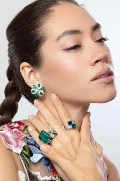 FANTASIA by DESERIO Emerald Cabochon Cluster Earrings | Thumbnail 2
