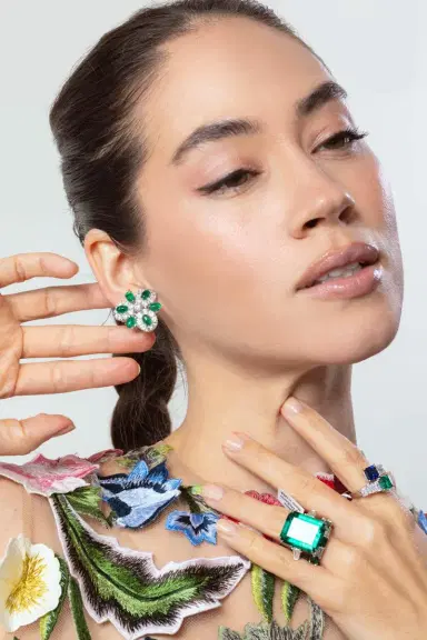 FANTASIA by DESERIO Emerald Cabochon Cluster Earrings | Thumbnail 3