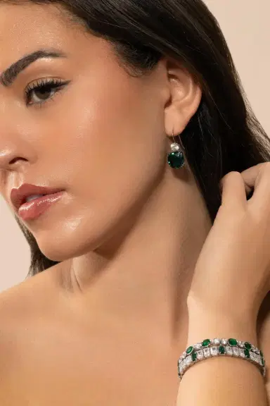 FANTASIA by DESERIO Emerald Cushion Round Earrings | Thumbnail 2